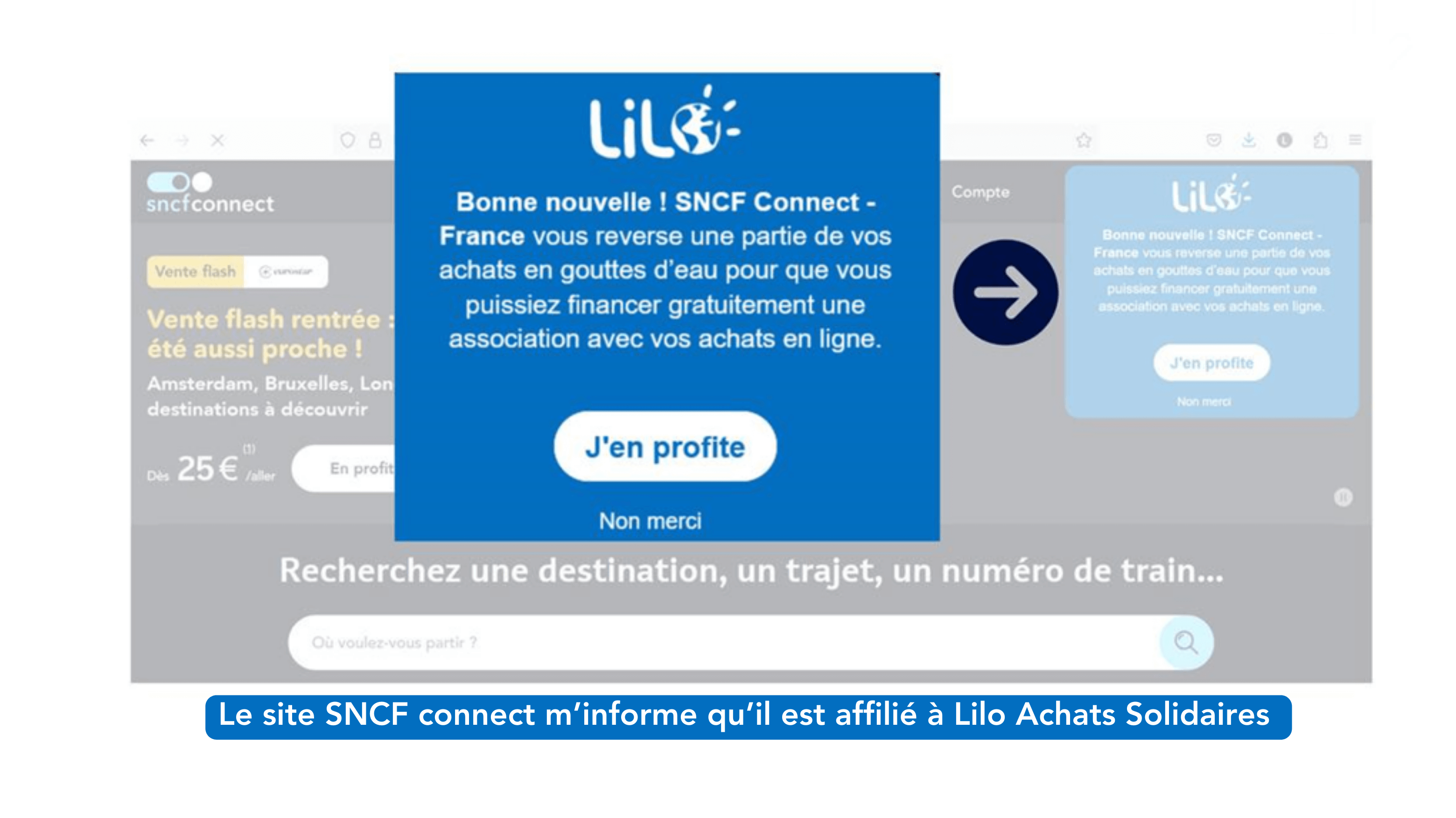 Exemple : le site SNCF.connect m’informe qu’il est affilié à Lilo Achats Solidaires